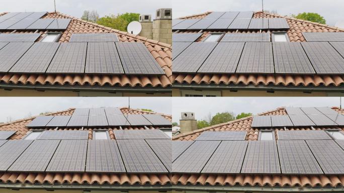 安装在家庭屋顶上的太阳能电池板