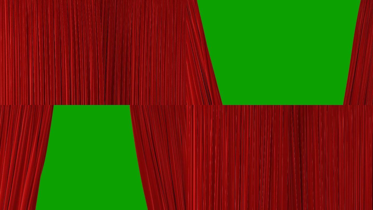 在绿色屏幕上打开和关闭的红色戏剧式窗帘
