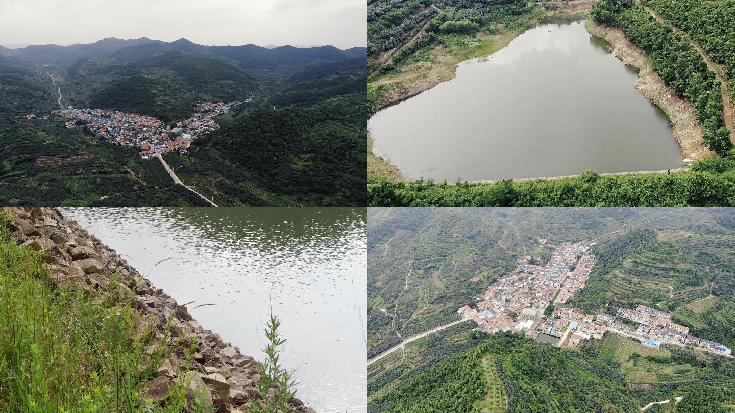 航拍四面环山的山村 山沟石头水库乡村小村