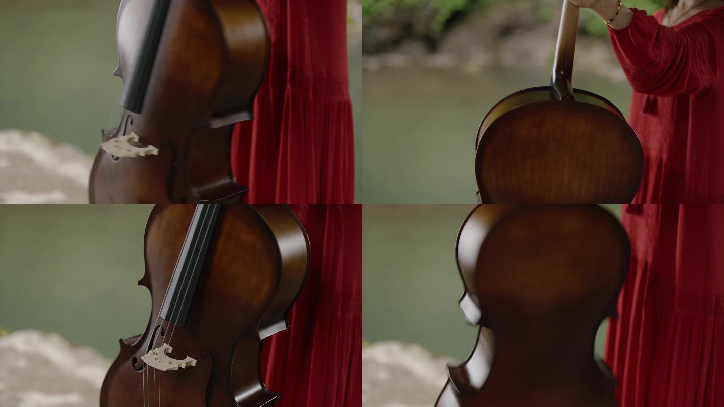女孩在湖边拿着拉大提琴