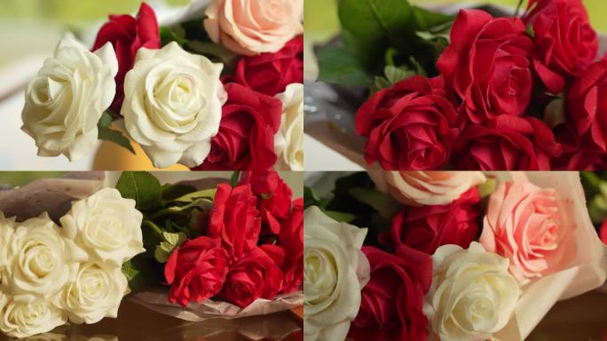 各种颜色玫瑰花假花合集近景特写