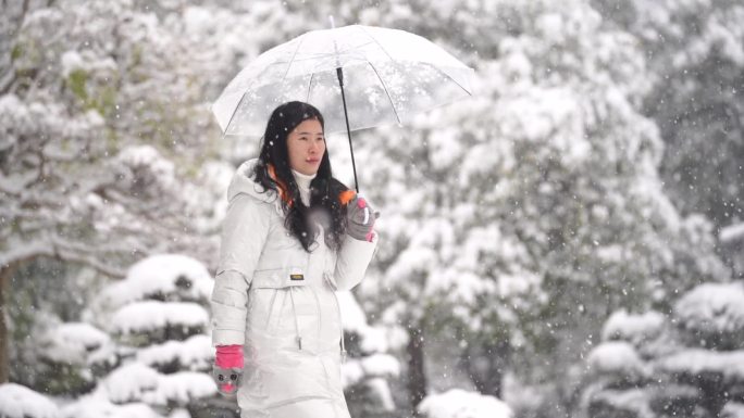 大雪纷飞女孩美女雪地里走路