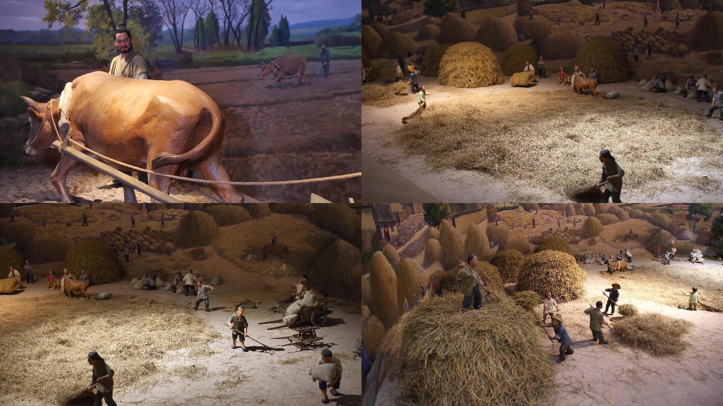 古代人种庄稼收麦子场景雕塑