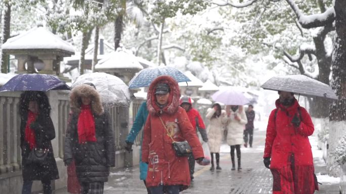 唯美雪天冬天下雪天行走的人群素材雪景