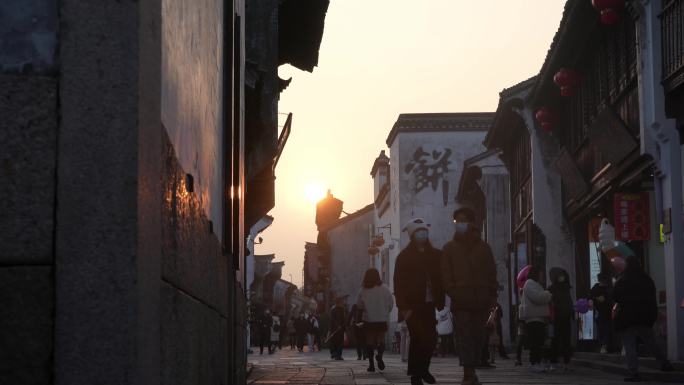 嘉兴月河街景延时老建筑游人