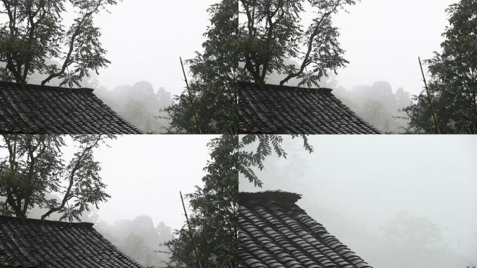 大山树林树木秋雨绵绵青瓦房雾景