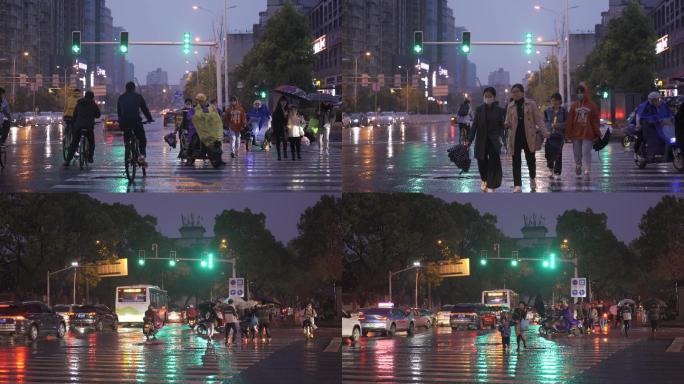 雨天路口斑马线行人