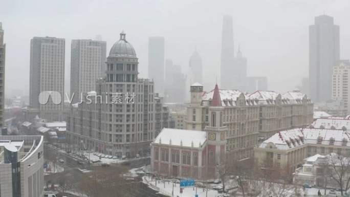 4K天津下雪 城市冬天大雪 雪天雪景