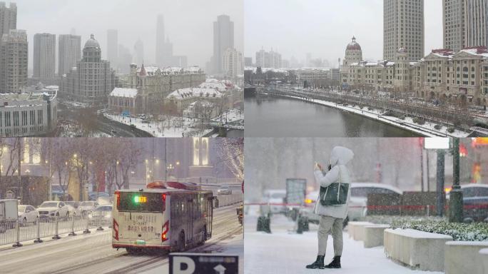4K天津下雪 城市冬天大雪 雪天雪景