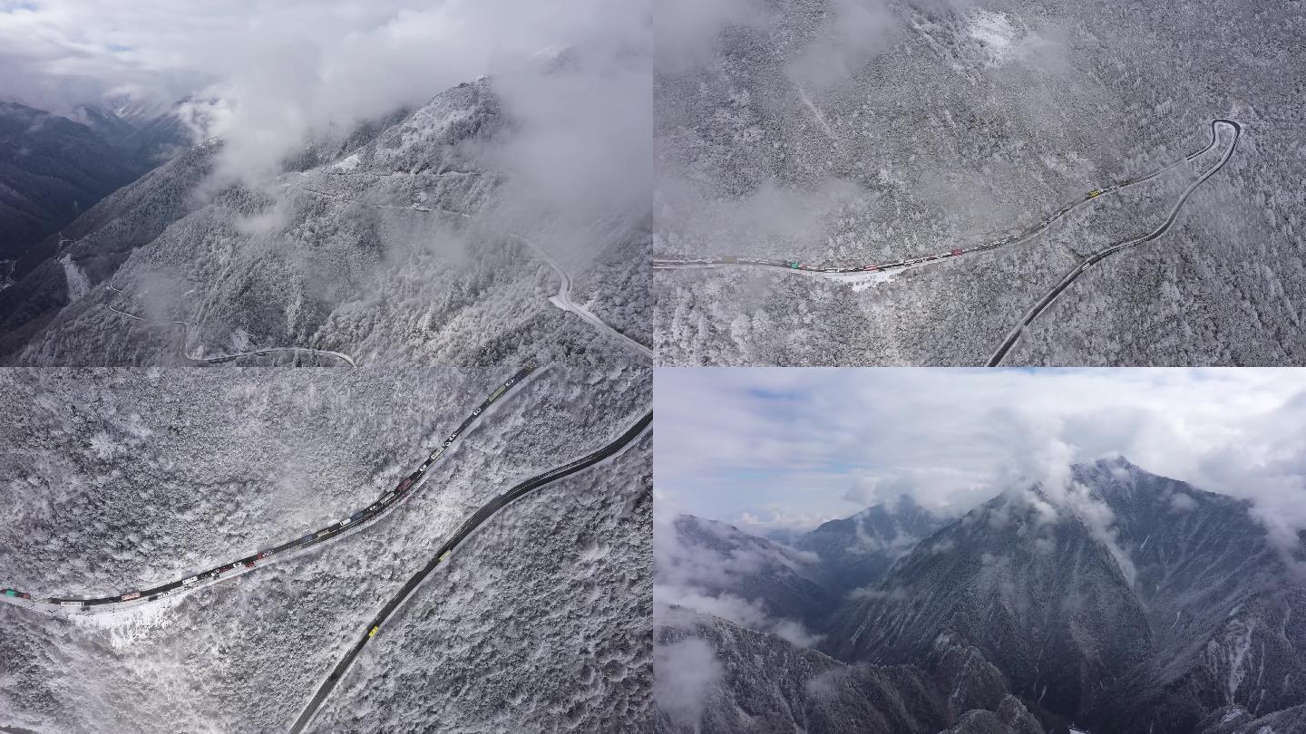 雪山公路车辆航拍