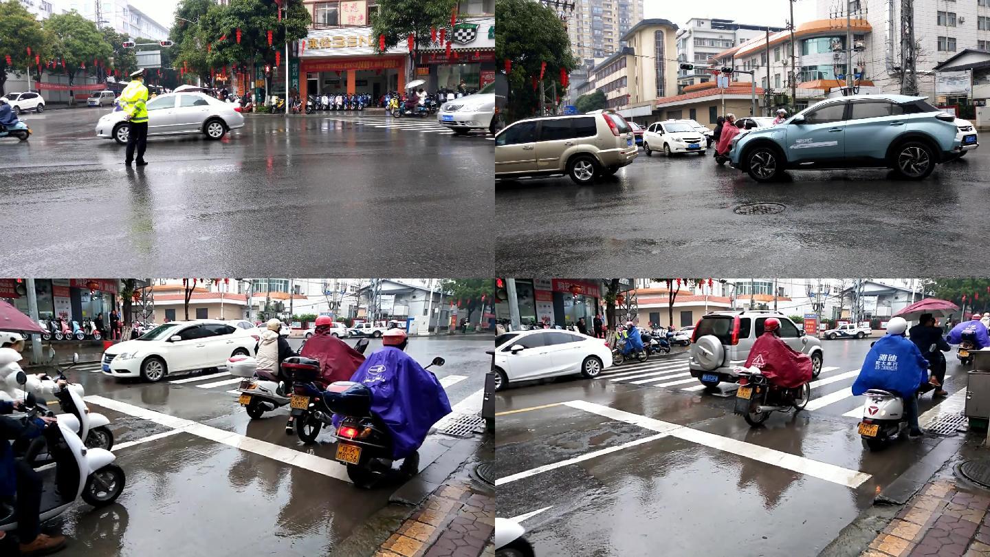 雨天街拍車流行人交警指揮交通車流市井行人