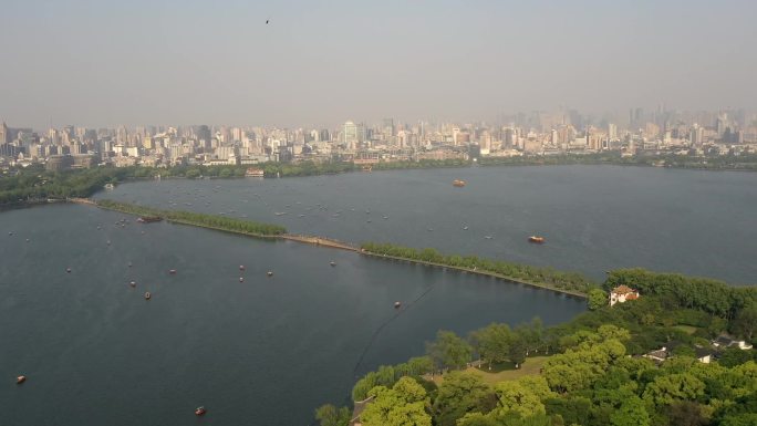 4K杭州西湖风光景点人群航拍
