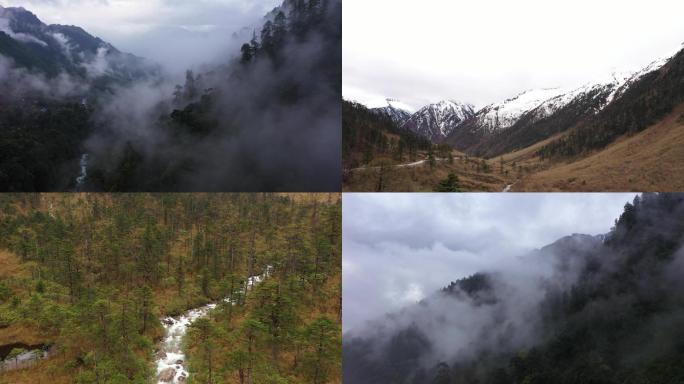 航拍雪山 云雾 山川 河流