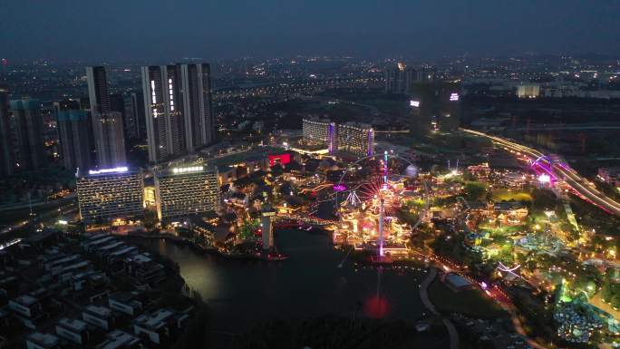 航拍顺德欢乐海岸高空夜景