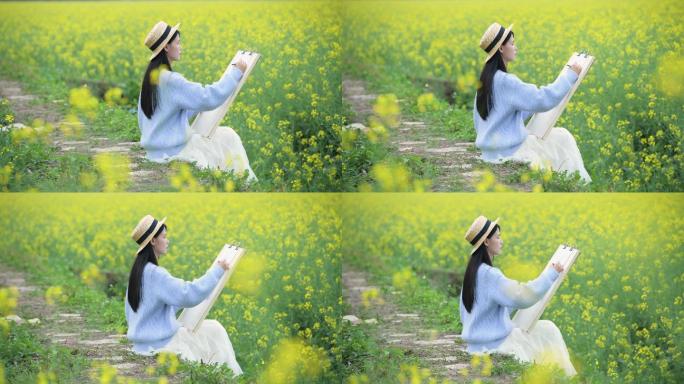 4K油菜花海里的少女