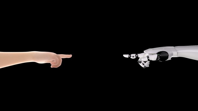 女性人手和机器人手指碰撞产生能量