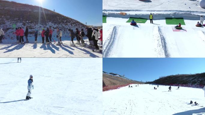 滑雪场航拍市民游客滑雪娱乐休闲