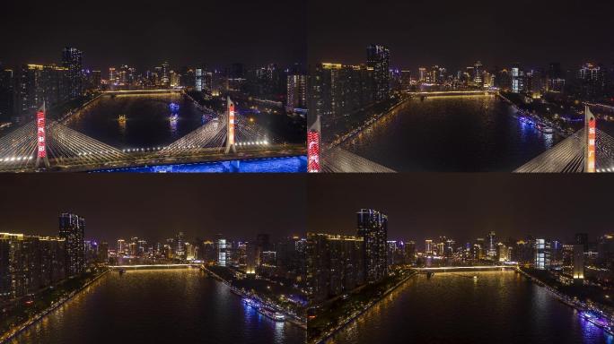 广州_海印桥_珠江夜景_江面航拍延时