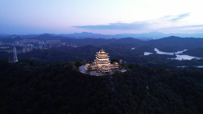 惠州景点航拍高榜山挂榜阁亮灯旁晚4K