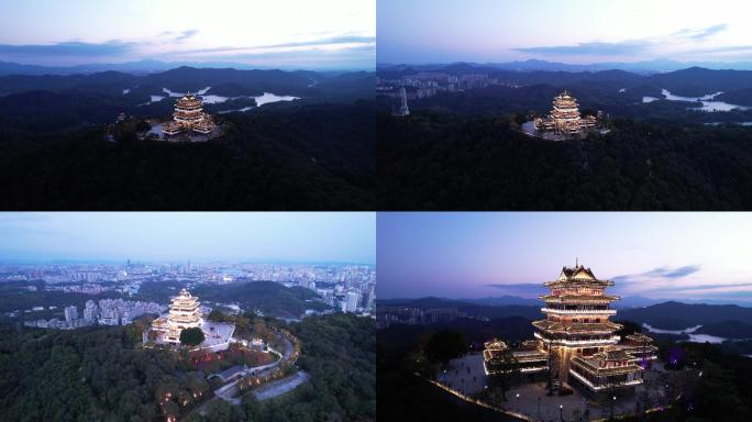 惠州景点航拍高榜山挂榜阁亮灯旁晚4K