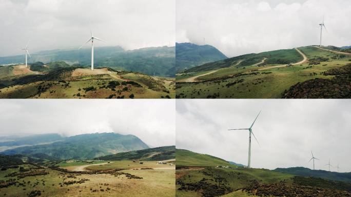 4K航拍草原山顶风力发电机