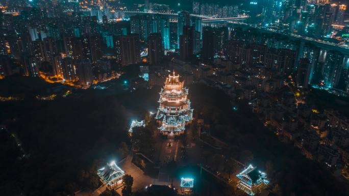 重庆_鸿恩阁_夜景_环绕航拍延时