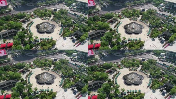 杭州武林商圈西湖文化广场八少女喷泉航拍