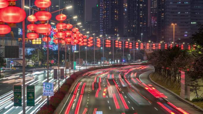 深圳滨河大道春节灯笼夜景车轨延时素材三段