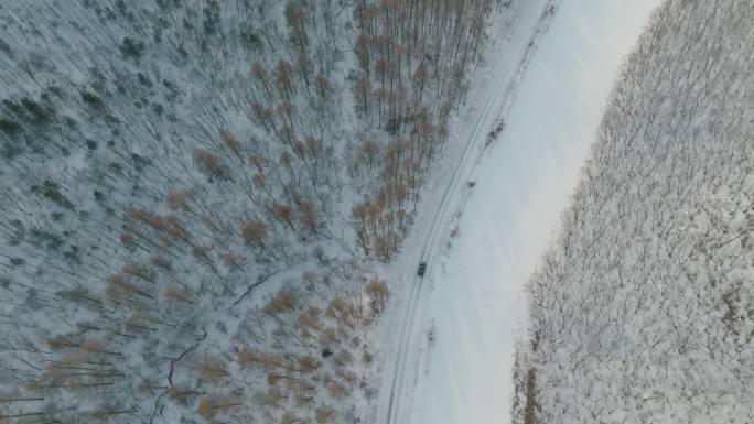 4k 航拍汽车行驶雪地山路小兴安岭伊春