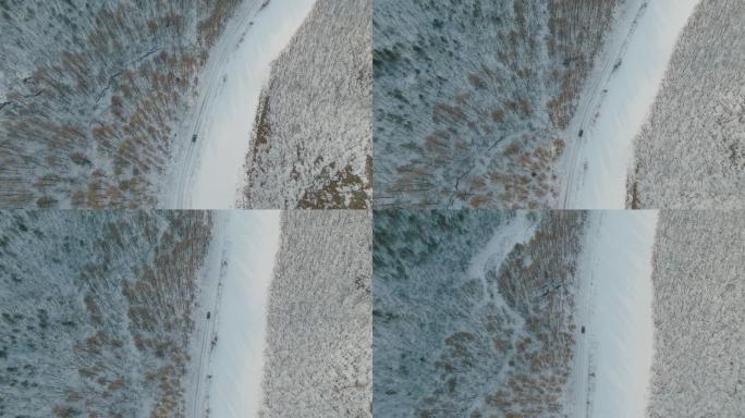 4k 航拍汽车行驶雪地山路小兴安岭伊春