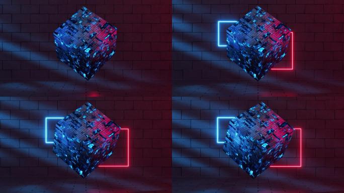 方块材料与霓虹背景3D渲染