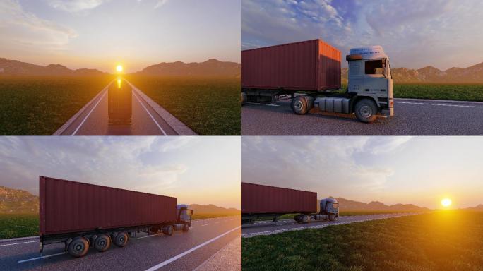 卡车物流运输迎着太阳行驶