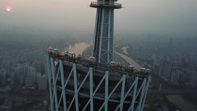 4K清晨的广州塔塔顶环绕航拍素材