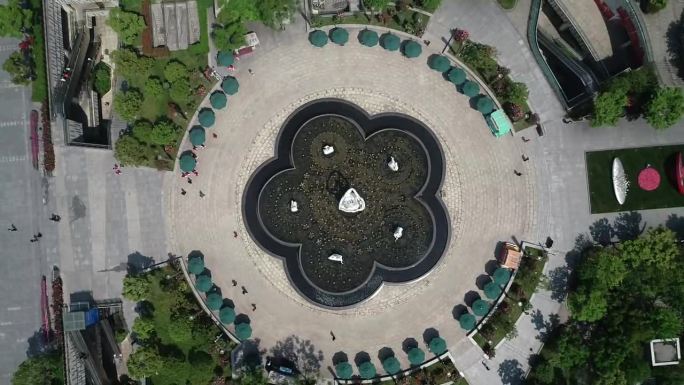 杭州武林商圈西湖文化广场八少女喷泉航拍