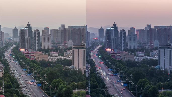 城市道路日转夜延时竖版构图