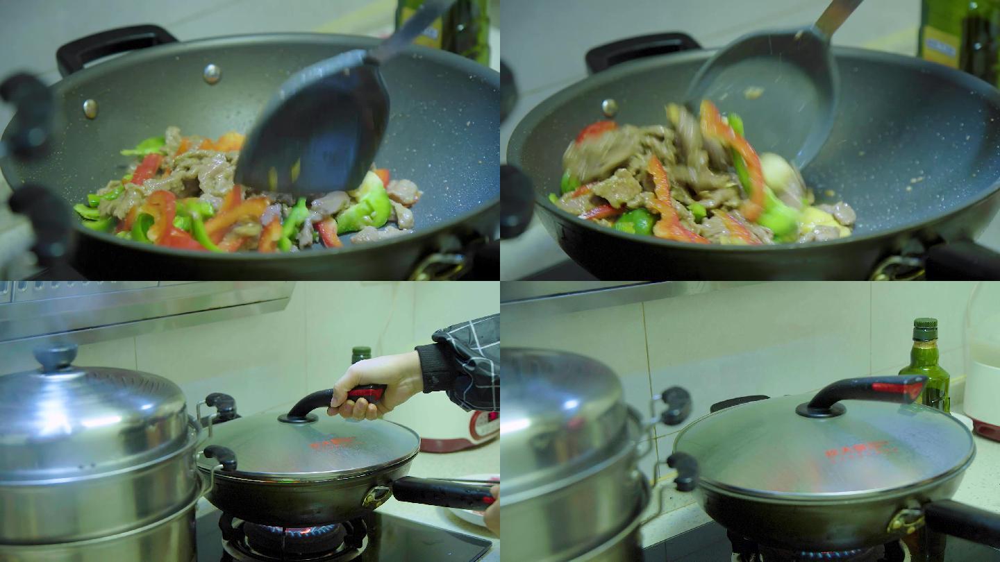 厨房忙碌炒菜：甜椒彩椒炒肉烹饪过程