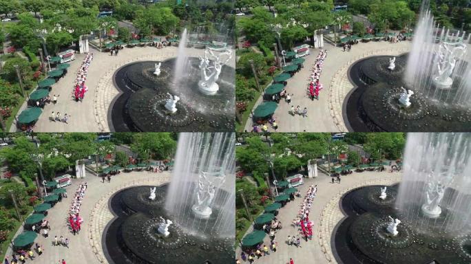 杭州西湖文化广场喷泉航拍人群