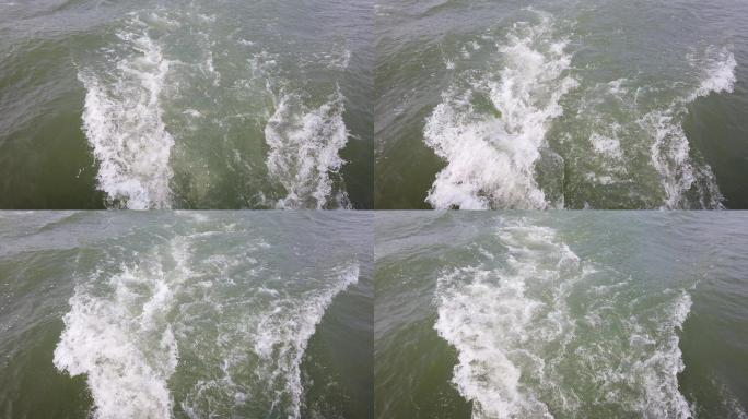 襄阳汉江城市风光船行驶后的波浪花