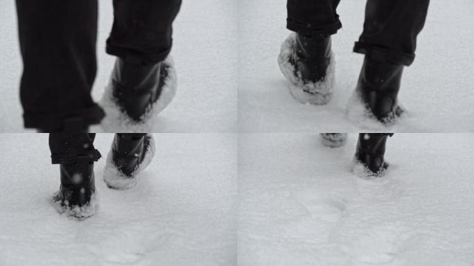 4k 雪地脚印特写脚步行走走路脚步