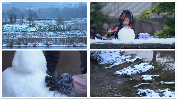 小孩子玩雪堆雪人