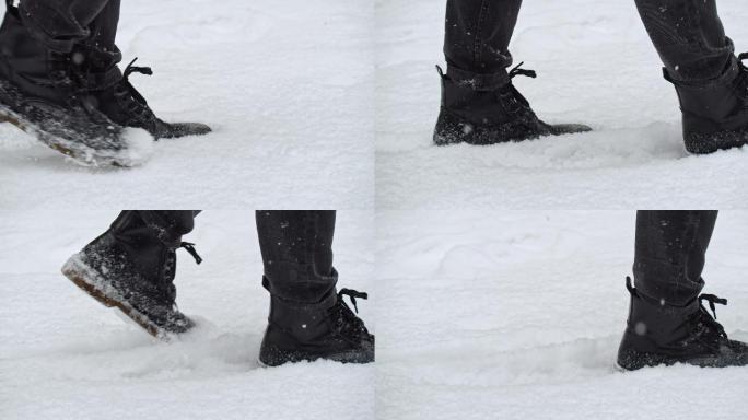4k 厚厚的雪雪地里行走特写脚步