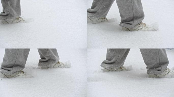 4k 实拍大雪脚步徒步雪地里行走