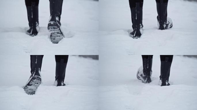 4k 走在雪地里向前走克服困难特写脚步