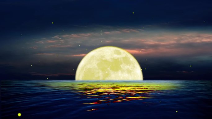 月亮江水唯美夜晚萤火虫（循环）