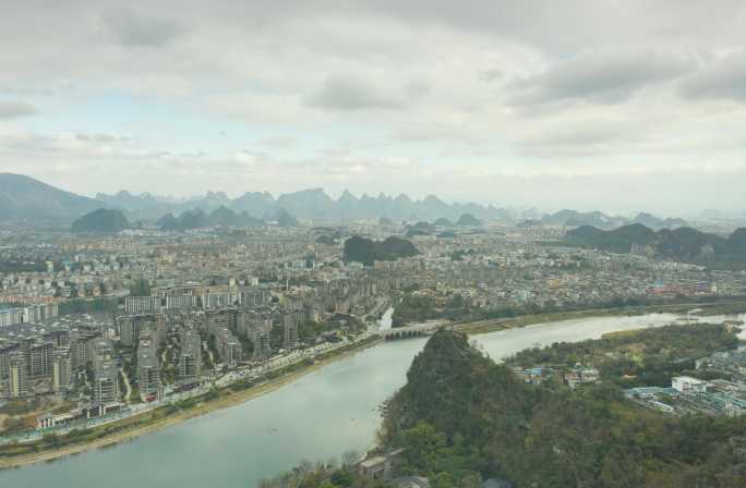 桂林城市风景风光航拍延时日出叠彩山