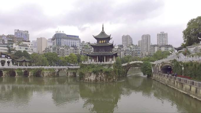 航拍贵阳甲秀楼多角度风景