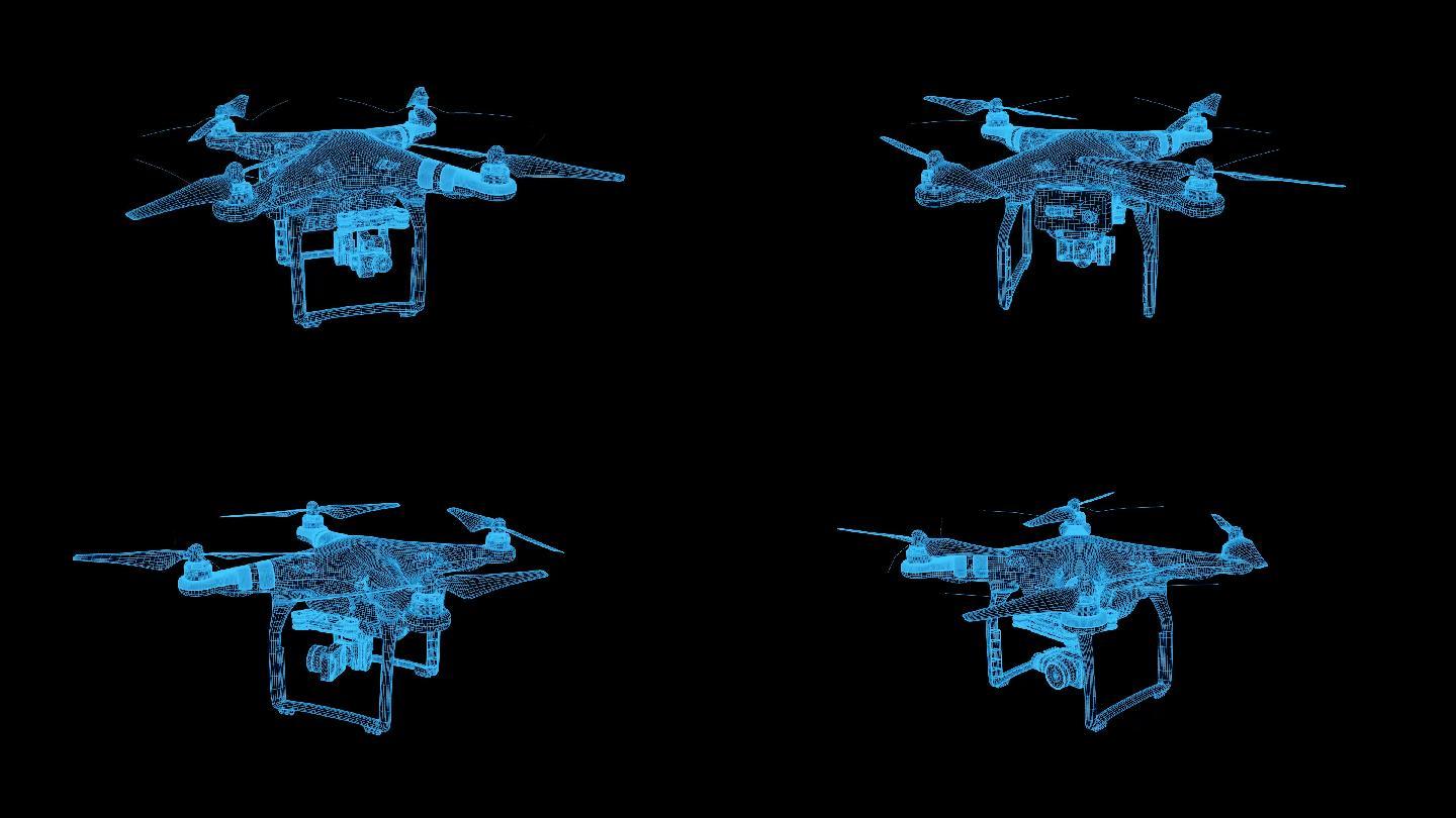 蓝色线框全息科技无人机动画素材带通道