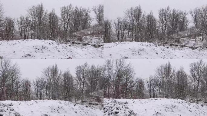 大雪下的丘陵山坡