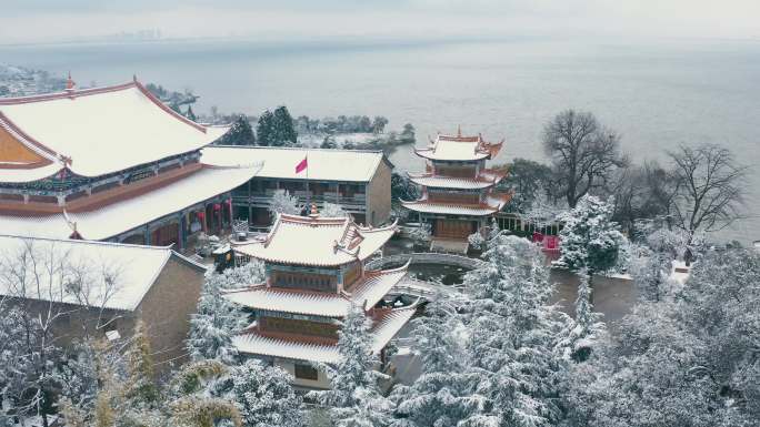 大气磅礴的昆明滇池雪景航拍