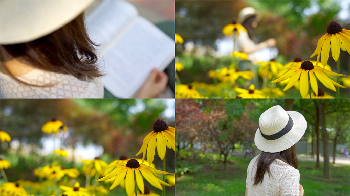 戴草帽的文艺女孩在公园看书